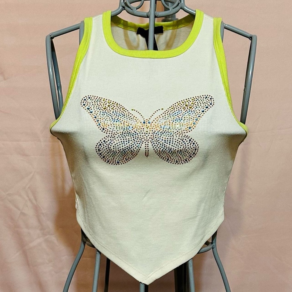 White and Green Butterfly Embellished Women's Top